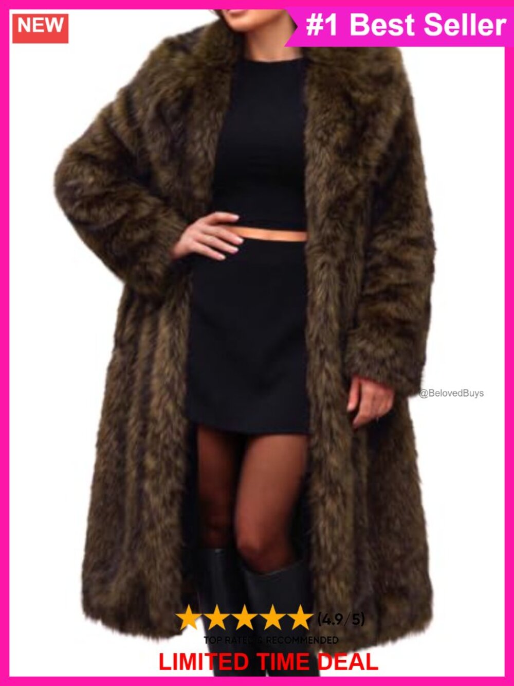 Long Faux Fur Coat Open Front Lapel Pockets Winter Warm